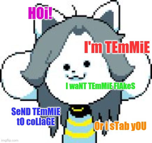 HOi! I'm TEmMiE I waNT TEmMiE FlAkeS SeND TEmMiE tO coLlaGE Or i sTab yOU | image tagged in temmie | made w/ Imgflip meme maker