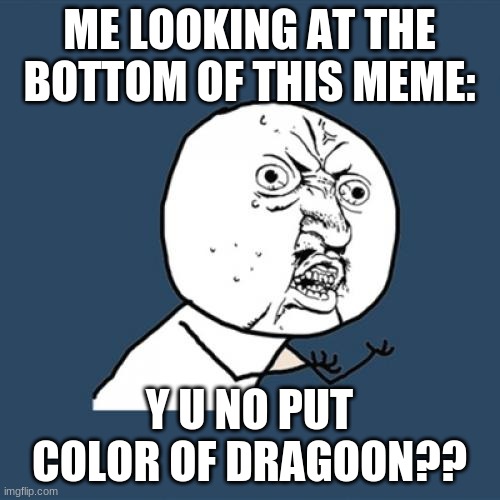 Y U No Meme | ME LOOKING AT THE BOTTOM OF THIS MEME: Y U NO PUT COLOR OF DRAGOON?? | image tagged in memes,y u no | made w/ Imgflip meme maker