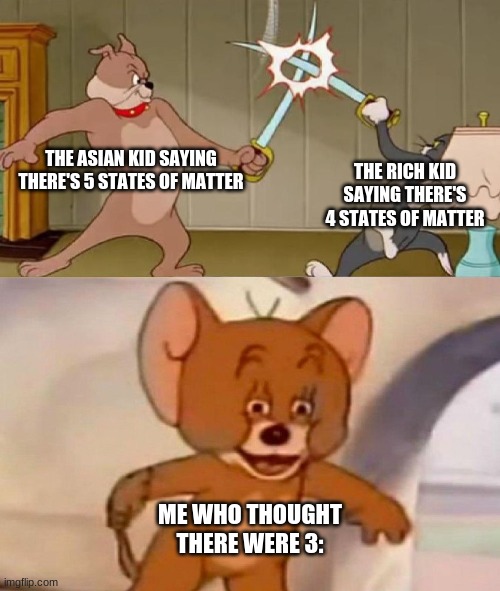 Tom and Jerry swordfight | THE ASIAN KID SAYING THERE'S 5 STATES OF MATTER; THE RICH KID SAYING THERE'S 4 STATES OF MATTER; ME WHO THOUGHT THERE WERE 3: | image tagged in tom and jerry swordfight | made w/ Imgflip meme maker