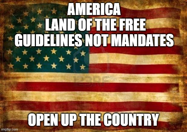 guidelines not mandates | AMERICA
 LAND OF THE FREE
GUIDELINES NOT MANDATES; OPEN UP THE COUNTRY | image tagged in old american flag | made w/ Imgflip meme maker