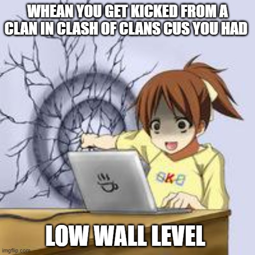Anime wall punch | WHEAN YOU GET KICKED FROM A CLAN IN CLASH OF CLANS CUS YOU HAD; LOW WALL LEVEL | image tagged in anime wall punch | made w/ Imgflip meme maker