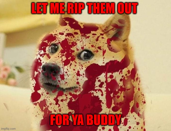 Bloody doge | LET ME RIP THEM OUT FOR YA BUDDY | image tagged in bloody doge | made w/ Imgflip meme maker