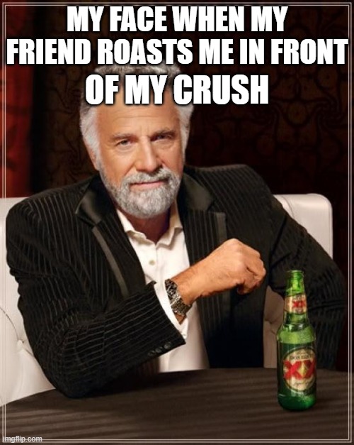 This happened to me once... | MY FACE WHEN MY FRIEND ROASTS ME IN FRONT; OF MY CRUSH | image tagged in memes,the most interesting man in the world | made w/ Imgflip meme maker