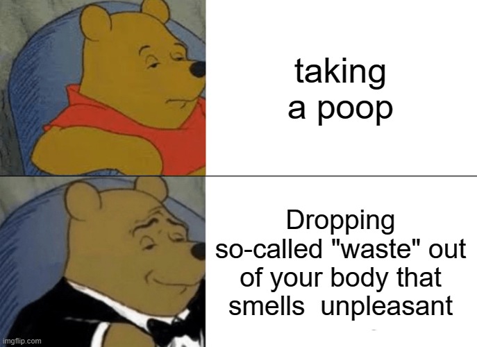 Tuxedo Winnie The Pooh Meme | taking a poop; Dropping so-called "waste" out of your body that smells  unpleasant | image tagged in memes,tuxedo winnie the pooh | made w/ Imgflip meme maker