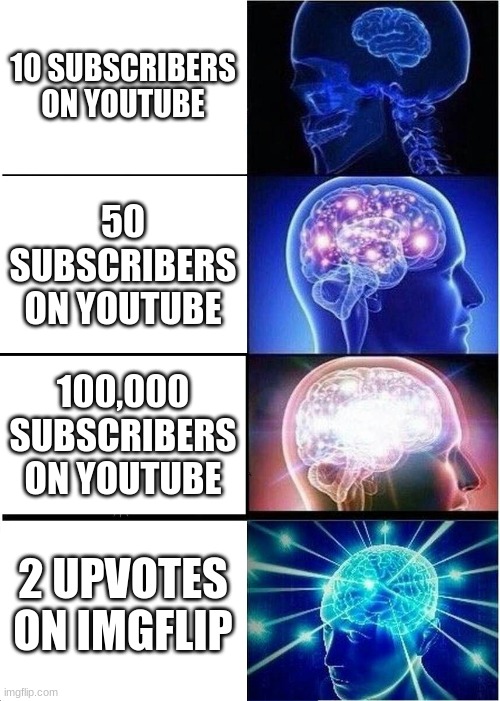 big brain |  10 SUBSCRIBERS ON YOUTUBE; 50 SUBSCRIBERS ON YOUTUBE; 100,000 SUBSCRIBERS ON YOUTUBE; 2 UPVOTES ON IMGFLIP | image tagged in memes,expanding brain | made w/ Imgflip meme maker