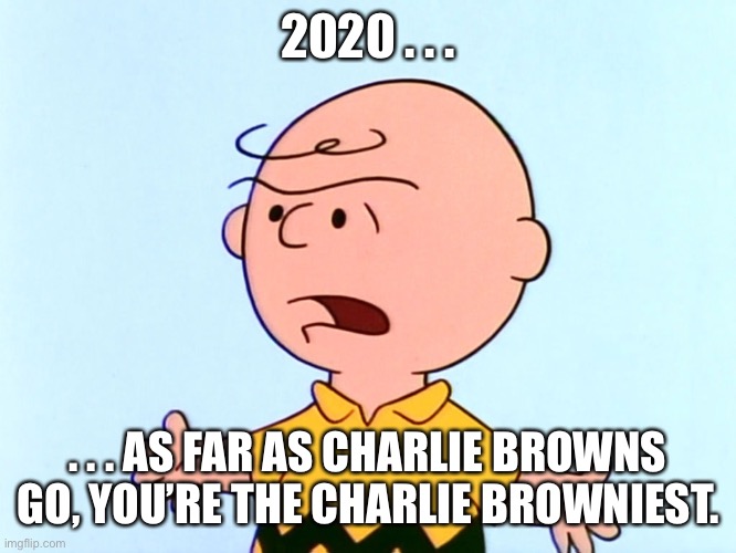 Angry Charlie Brown | 2020 . . . . . . AS FAR AS CHARLIE BROWNS GO, YOU’RE THE CHARLIE BROWNIEST. | image tagged in angry charlie brown | made w/ Imgflip meme maker