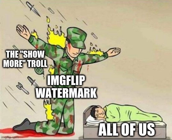 Thank you, imgflip watermark, you did well | THE "SHOW MORE" TROLL; IMGFLIP WATERMARK; ALL OF US | image tagged in soldier protecting sleeping child,imgflip watermark,show more,imgflip community | made w/ Imgflip meme maker