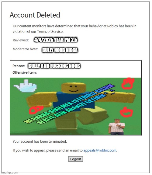 banned from ROBLOX | 4/4/2025 YEAR PM 2.5; BULLY NOOB NIGGA; BULLY AND FUCKING NOOB | image tagged in banned from roblox | made w/ Imgflip meme maker