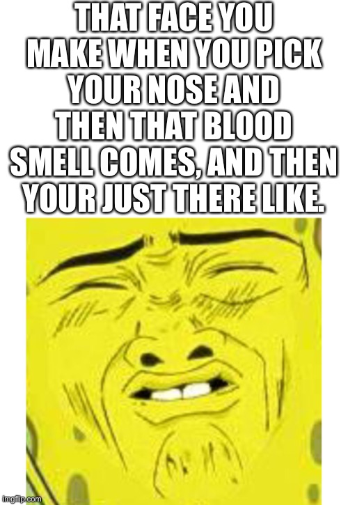 THAT FACE YOU MAKE WHEN YOU PICK YOUR NOSE AND THEN THAT BLOOD SMELL COMES, AND THEN YOUR JUST THERE LIKE. | image tagged in sponge bob | made w/ Imgflip meme maker