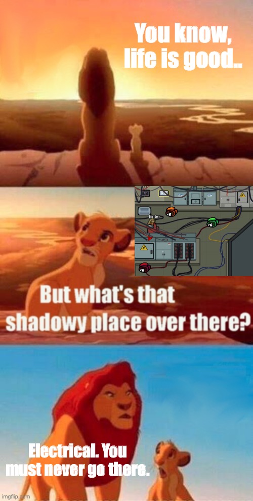 Never go in electrical, simba. | You know, life is good.. Electrical. You must never go there. | image tagged in memes,simba shadowy place | made w/ Imgflip meme maker