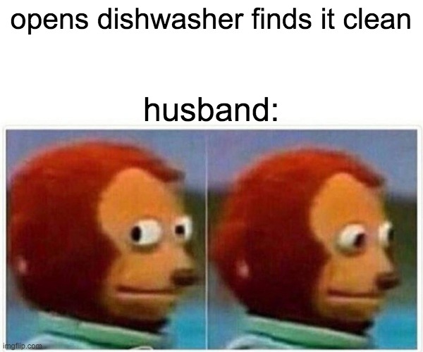 dishwasher vs husband | opens dishwasher finds it clean; husband: | image tagged in memes,monkey puppet | made w/ Imgflip meme maker