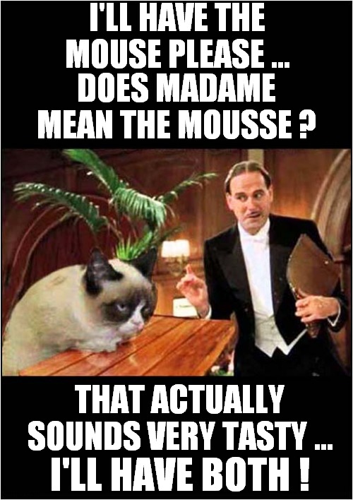 Grumpys Mouse Mousse Choice | I'LL HAVE THE MOUSE PLEASE ... DOES MADAME MEAN THE MOUSSE ? THAT ACTUALLY SOUNDS VERY TASTY ... I'LL HAVE BOTH ! | image tagged in grumpy cat,waiter,cats | made w/ Imgflip meme maker