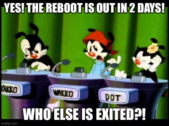 Wacko is my fav | YES! THE REBOOT IS OUT IN 2 DAYS! WHO ELSE IS EXITED?! | image tagged in animaniacs | made w/ Imgflip meme maker