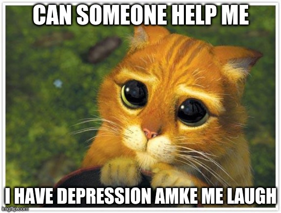 Shrek Cat Meme | CAN SOMEONE HELP ME; I HAVE DEPRESSION AMKE ME LAUGH | image tagged in memes,shrek cat | made w/ Imgflip meme maker