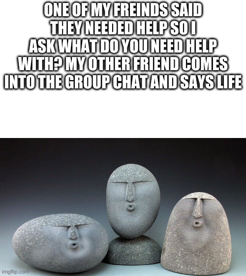why are my friends like this | ONE OF MY FREINDS SAID THEY NEEDED HELP SO I ASK WHAT DO YOU NEED HELP WITH? MY OTHER FRIEND COMES INTO THE GROUP CHAT AND SAYS LIFE | image tagged in oof stones | made w/ Imgflip meme maker