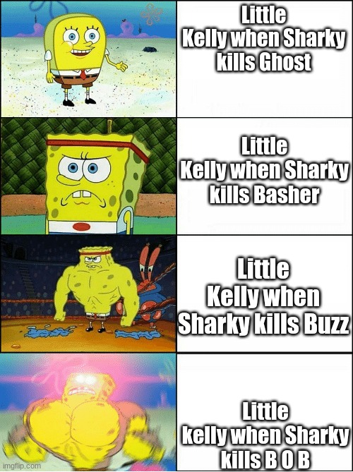 Only people who watch Dragonfire on LK's channel will get this | Little Kelly when Sharky kills Ghost; Little Kelly when Sharky kills Basher; Little Kelly when Sharky kills Buzz; Little kelly when Sharky kills B O B | image tagged in sponge finna commit muder,dragonfire,little kelly,bob,lotus dragon | made w/ Imgflip meme maker
