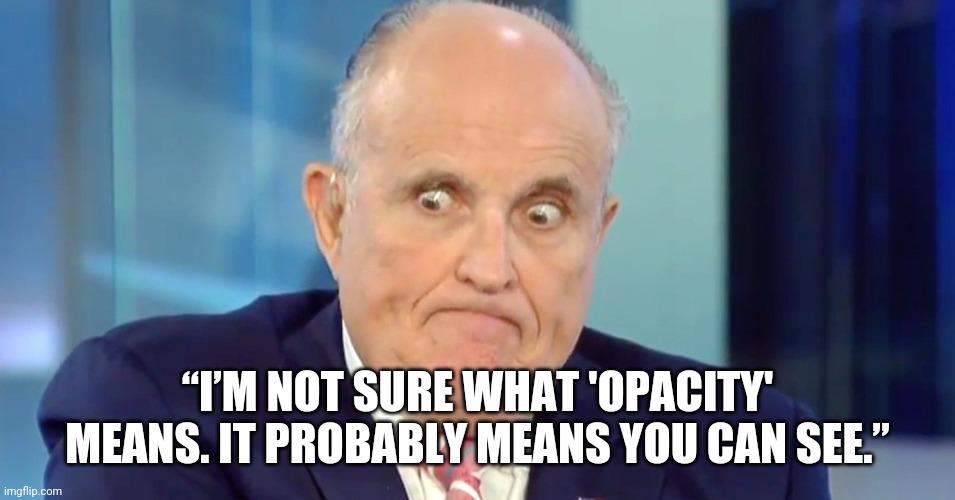 Seriously, you thought this idiot was going to save the day? | “I’M NOT SURE WHAT 'OPACITY' MEANS. IT PROBABLY MEANS YOU CAN SEE.” | image tagged in rudy giuliani,idiot,election 2020 | made w/ Imgflip meme maker