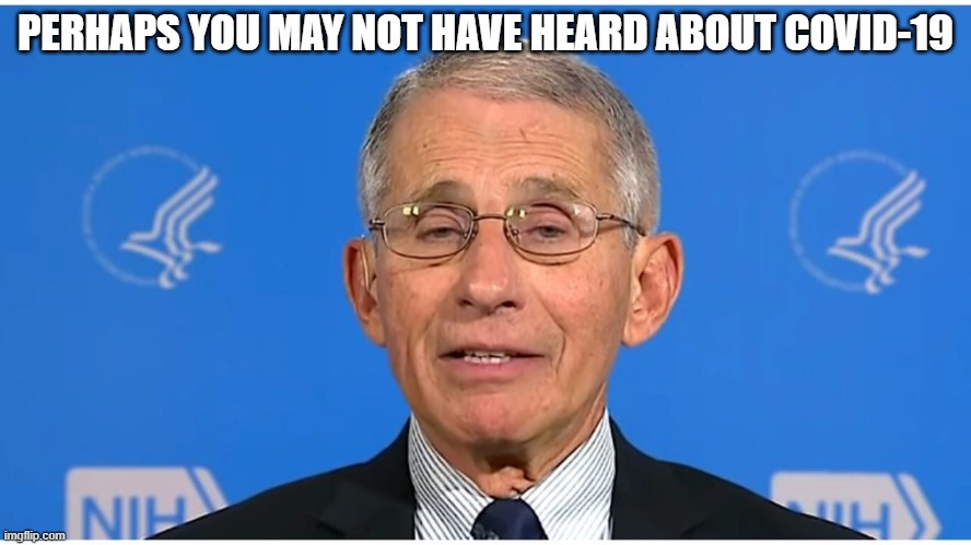 Dr Fauci | PERHAPS YOU MAY NOT HAVE HEARD ABOUT COVID-19 | image tagged in dr fauci | made w/ Imgflip meme maker