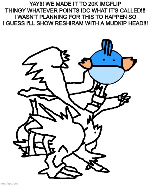 20k imgflip thingies whatever i guess points i don't even care! thank you!! :) | YAY!!! WE MADE IT TO 20K IMGFLIP THINGY WHATEVER POINTS IDC WHAT IT'S CALLED!!! I WASN'T PLANNING FOR THIS TO HAPPEN SO I GUESS I'LL SHOW RESHIRAM WITH A MUDKIP HEAD!!! | image tagged in pokemon | made w/ Imgflip meme maker