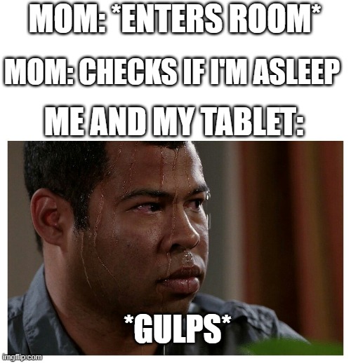 Mom WiiU Meme | MOM: *ENTERS ROOM*; MOM: CHECKS IF I'M ASLEEP; ME AND MY TABLET:; *GULPS* | image tagged in jordan peele sweating,memes | made w/ Imgflip meme maker