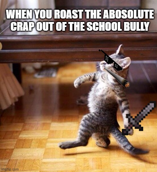 its a mood | WHEN YOU ROAST THE ABOSOLUTE CRAP OUT OF THE SCHOOL BULLY | image tagged in swag cat | made w/ Imgflip meme maker