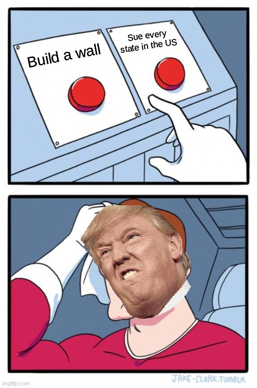 Two Buttons Meme | Sue every state in the US; Build a wall | image tagged in memes,two buttons | made w/ Imgflip meme maker