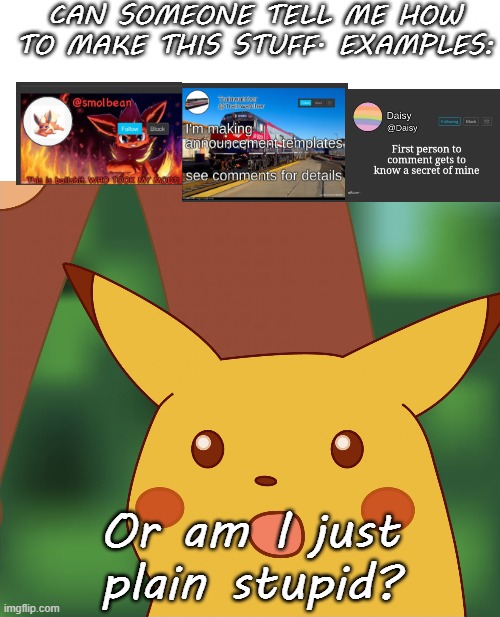 Surprised Pikachu (High Quality) | CAN SOMEONE TELL ME HOW TO MAKE THIS STUFF. EXAMPLES:; Or am I just plain stupid? | image tagged in surprised pikachu high quality | made w/ Imgflip meme maker