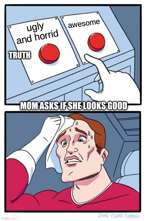 Two Buttons | awesome; ugly and horrid; TRUTH; MOM ASKS IF SHE LOOKS GOOD | image tagged in memes,two buttons | made w/ Imgflip meme maker