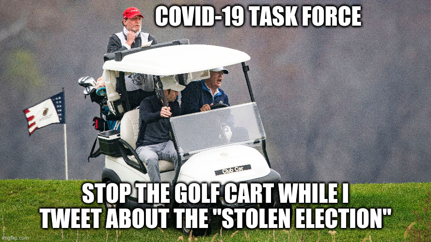 And you want want to president why? | COVID-19 TASK FORCE; STOP THE GOLF CART WHILE I TWEET ABOUT THE "STOLEN ELECTION" | image tagged in trump,humor,election 2020,covid,golf,tweeting | made w/ Imgflip meme maker