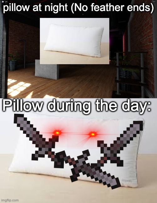 (I hate the feather spikes) | pillow at night (No feather ends); Pillow during the day: | image tagged in memes | made w/ Imgflip meme maker