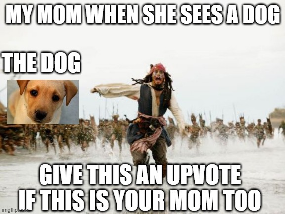 Jack Sparrow Being Chased | MY MOM WHEN SHE SEES A DOG; THE DOG; GIVE THIS AN UPVOTE IF THIS IS YOUR MOM TOO | image tagged in memes,jack sparrow being chased | made w/ Imgflip meme maker