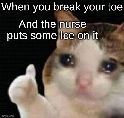 Ice makes everything better | When you break your toe; And the nurse puts some Ice on it | image tagged in sad thumbs up cat,school,memes,funny,true story | made w/ Imgflip meme maker