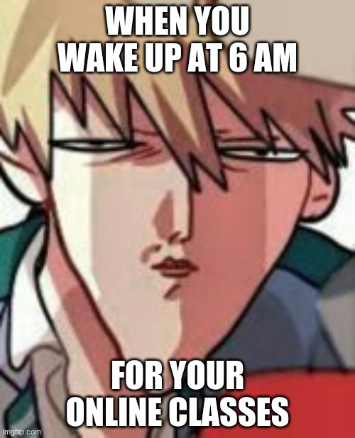 title made during math class | WHEN YOU WAKE UP AT 6 AM; FOR YOUR ONLINE CLASSES | image tagged in bakugo wtf | made w/ Imgflip meme maker