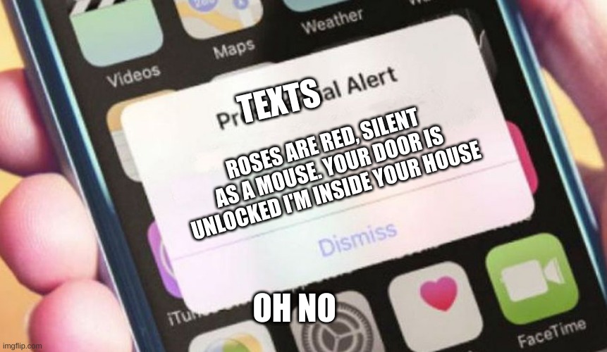 ok | TEXTS; ROSES ARE RED, SILENT AS A MOUSE. YOUR DOOR IS UNLOCKED I'M INSIDE YOUR HOUSE; OH NO | image tagged in memes,presidential alert | made w/ Imgflip meme maker