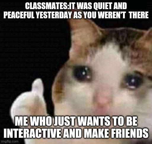 sad thumbs up cat | CLASSMATES:IT WAS QUIET AND PEACEFUL YESTERDAY AS YOU WEREN'T  THERE; ME WHO JUST WANTS TO BE INTERACTIVE AND MAKE FRIENDS | image tagged in sad thumbs up cat | made w/ Imgflip meme maker