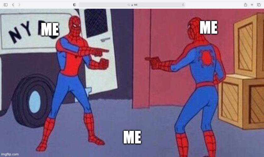 ME | ME; ME; ME | image tagged in spiderman pointing at spiderman | made w/ Imgflip meme maker