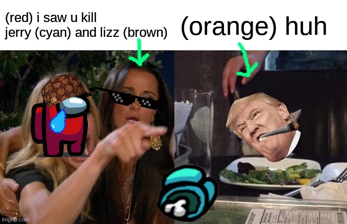 AMONG US | (red) i saw u kill jerry (cyan) and lizz (brown); (orange) huh | image tagged in memes,woman yelling at cat | made w/ Imgflip meme maker