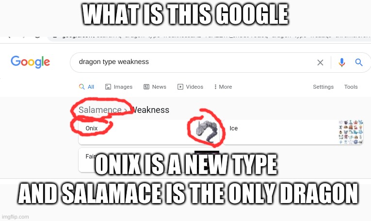 pokemon according to google | WHAT IS THIS GOOGLE; ONIX IS A NEW TYPE; AND SALAMACE IS THE ONLY DRAGON | image tagged in pokemon,funny memes,funny,memes | made w/ Imgflip meme maker