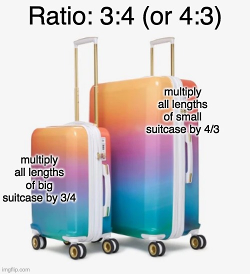 Baggage ratio |  Ratio: 3:4 (or 4:3); multiply all lengths of small suitcase by 4/3; multiply all lengths of big suitcase by 3/4 | image tagged in rainbow,suitcase,ratio | made w/ Imgflip meme maker