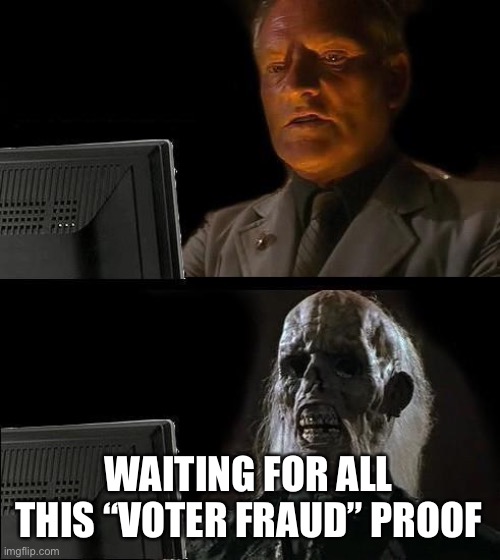 I'll Just Wait Here Meme | WAITING FOR ALL THIS “VOTER FRAUD” PROOF | image tagged in memes,i'll just wait here | made w/ Imgflip meme maker