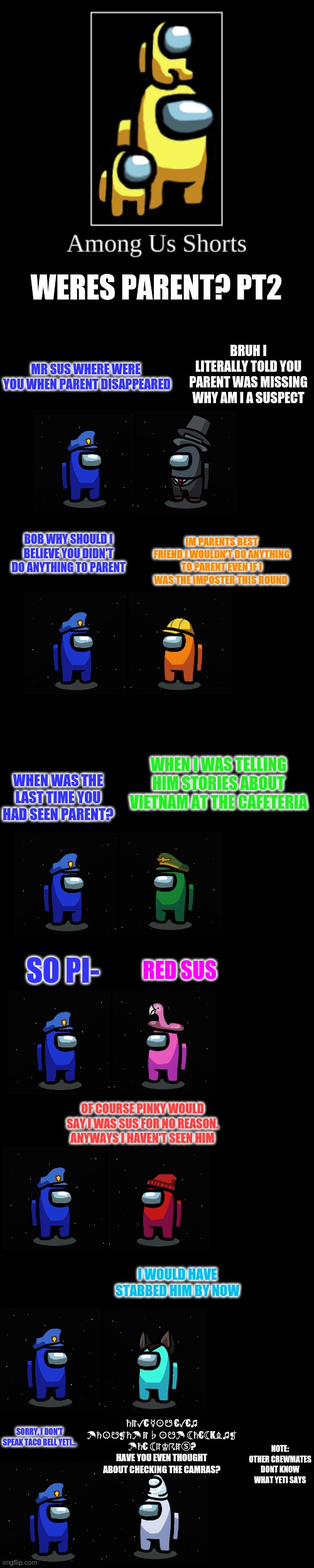 Among Us Comic | WERES PARENT? PT2; BRUH I LITERALLY TOLD YOU PARENT WAS MISSING WHY AM I A SUSPECT; MR SUS WHERE WERE  YOU WHEN PARENT DISAPPEARED; BOB WHY SHOULD I BELIEVE YOU DIDN'T DO ANYTHING TO PARENT; IM PARENTS BEST FRIEND I WOULDN'T DO ANYTHING TO PARENT EVEN IF I WAS THE IMPOSTER THIS ROUND; WHEN I WAS TELLING HIM STORIES ABOUT VIETNAM AT THE CAFETERIA; WHEN WAS THE LAST TIME YOU HAD SEEN PARENT? SO PI-; RED SUS; OF COURSE PINKY WOULD SAY I WAS SUS FOR NO REASON. ANYWAYS I HAVEN'T SEEN HIM; I WOULD HAVE STABBED HIM BY NOW; ♄ꍏ✓€ ☿⊙☋ €✓€♫ ☂♄⊙☋❡♄☂ ꍏ♭⊙☋☂ ☾♄€☾Κ♗♫❡ ☂♄€ ☾ꍏ♔☈ꍏⓈ?
HAVE YOU EVEN THOUGHT ABOUT CHECKING THE CAMRAS? SORRY, I DON'T SPEAK TACO BELL YETI... NOTE: OTHER CREWMATES DON'T KNOW WHAT YETI SAYS | image tagged in among us intro | made w/ Imgflip meme maker