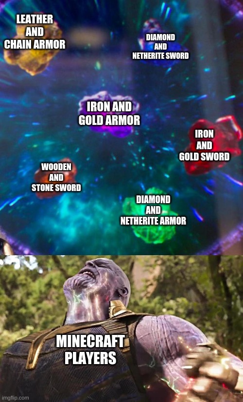 Minecraft Meme | LEATHER AND CHAIN ARMOR; DIAMOND AND NETHERITE SWORD; IRON AND GOLD ARMOR; IRON AND GOLD SWORD; WOODEN AND STONE SWORD; DIAMOND AND NETHERITE ARMOR; MINECRAFT PLAYERS | image tagged in thanos infinity stones | made w/ Imgflip meme maker