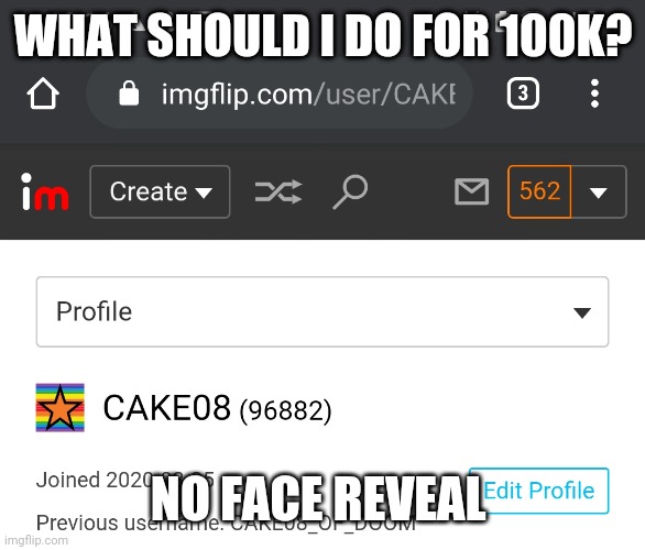 WHAT SHOULD I DO FOR 100K? NO FACE REVEAL | made w/ Imgflip meme maker