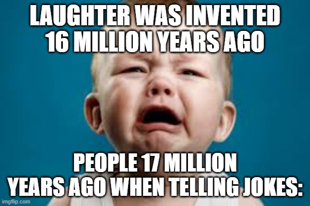 Crying person | LAUGHTER WAS INVENTED 16 MILLION YEARS AGO; PEOPLE 17 MILLION YEARS AGO WHEN TELLING JOKES: | image tagged in crying person | made w/ Imgflip meme maker