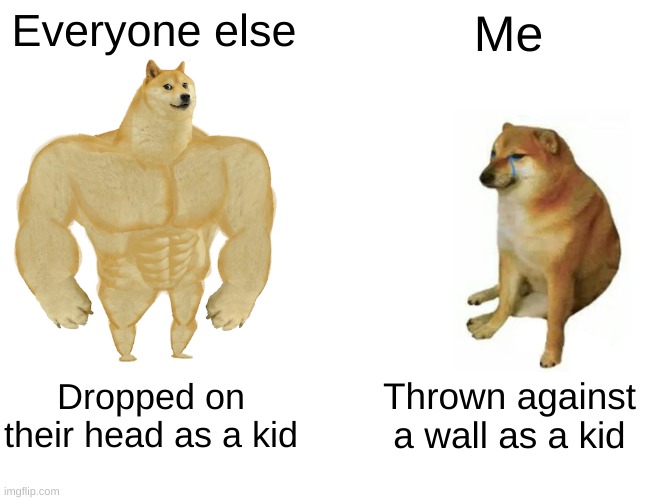 Buff Doge vs. Cheems Meme | Everyone else; Me; Dropped on their head as a kid; Thrown against a wall as a kid | image tagged in memes,buff doge vs cheems | made w/ Imgflip meme maker