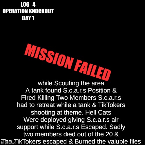Log_4 [Operation Failure] | LOG_4
OPERATION KNOCKOUT
DAY 1; MISSION FAILED; while Scouting the area A tank found S.c.a.r.s Position & Fired Killing Two Members S.c.a.r.s had to retreat while a tank & TikTokers shooting at theme. Hell Cats Were deployed giving S.c.a.r.s air support while S.c.a.r.s Escaped. Sadly two members died out of the 20 & The TikTokers escaped & Burned the valuble files | image tagged in black plain template | made w/ Imgflip meme maker