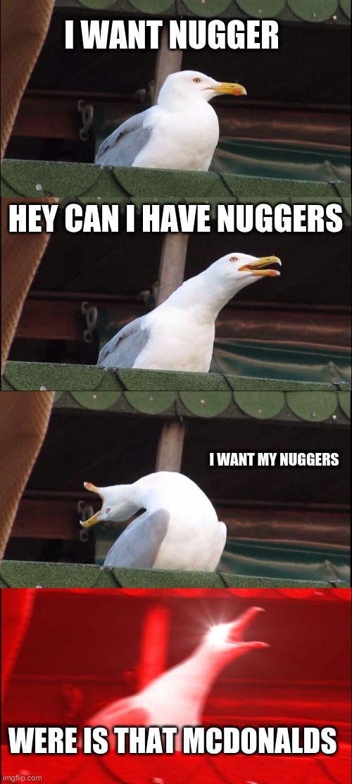 Inhaling Seagull Meme | I WANT NUGGER; HEY CAN I HAVE NUGGERS; I WANT MY NUGGERS; WERE IS THAT MCDONALDS | image tagged in memes,inhaling seagull | made w/ Imgflip meme maker