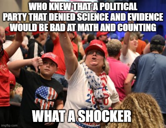 I mean who knew lol | WHO KNEW THAT A POLITICAL PARTY THAT DENIED SCIENCE AND EVIDENCE WOULD BE BAD AT MATH AND COUNTING; WHAT A SHOCKER | image tagged in donald trump,trump supporters,republicans,election 2020 | made w/ Imgflip meme maker