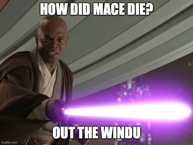mace windu | HOW DID MACE DIE? OUT THE WINDU | image tagged in mace windu | made w/ Imgflip meme maker