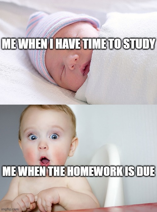 that's so true | ME WHEN I HAVE TIME TO STUDY; ME WHEN THE HOMEWORK IS DUE | image tagged in sleepy baby,surprised baby | made w/ Imgflip meme maker